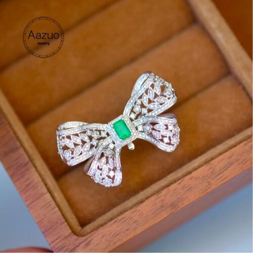 Aazuo Real Solid 18K White Gold Real Diamonds Natural Emerald 0.25ct Luxuly Bowknot Rings Gifted For Women Au750 Two-wear Way