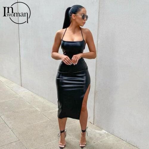 INWOMAN Autumn Sexy Dresses For Women 2021 Halter Backless Bodycon Dress Female Black Bandage Clubwear Party Slit Midi Dress