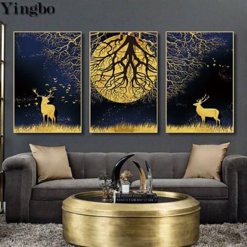 Abstract Golden Tree Deer Landscape Diamond Painting full square/round Cross Stitch Needlework Diamond Embroidery 3 pcs/set