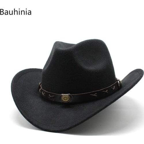 Bauhinia Classic Women Men Western Cowboy Hat Spring and Autumn Woolen Jazz Hat with Band Wide Brim Outdoor Vintage Top Hats