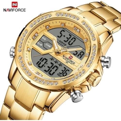 NAVIFORCE Top Luxury Gold Diamond Quartz Watches for Men Military Sport Waterproof Quartz Clock Dual Display Chronograph Male Wr