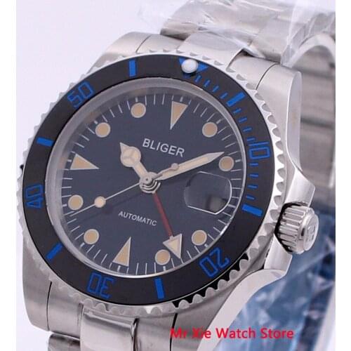Bliger 40mm Automatic Mechanical Mens Watch Luxury Sapphire Crystal Vintage Clock GMT Watch Luminous Waterproof Wristwatch Men