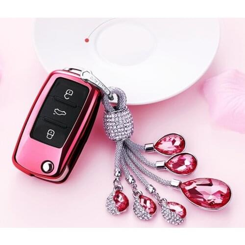 Car key cover For VW Golf Bora Jetta POLO GOLF Passat Touran Ibiza Leon Octavia TPU Soft case shell Artificial Crystal Pendant