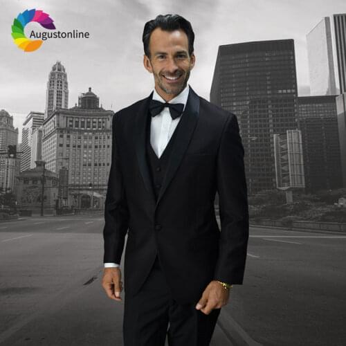 Black Mens Classic Suits Wedding Satin Shawl Lapel Groom Tuxedos Slim Fit Groomsmen Suit 3 Pieces Man Blazers Costume Homme