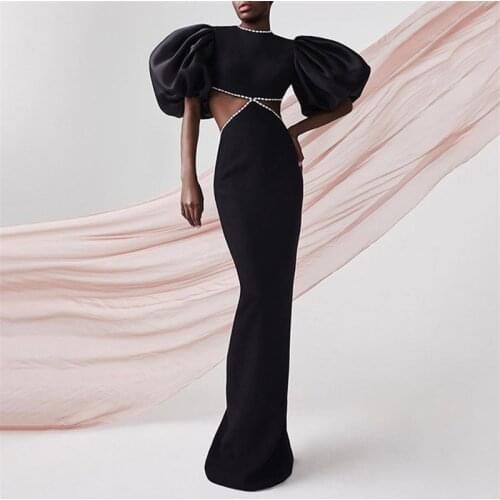 Backless Long Bandage Dress Black Puff Sleeve Sheath Women Shows Party Vestidos Sexy Hollow Out Beading Ladies Outfits Clubwear
