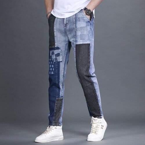 Vintage Patchwork Pencil Pants Men Mixed Colors Hip Hop Slim Fit Straight Jeans Streetwear Casual Denim Pants Male Jean Trousers