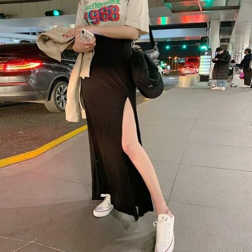 WOMENGAGA Sweet Korea 2021 Spring Summer Hot Exposed Thighs Sexy High Waist Split Thigh Sagging Black Long Skirt Skirts M9O5