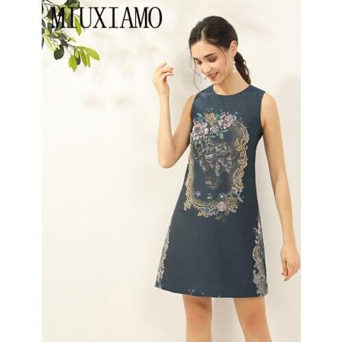 MIUXIMAO Luxurious 2020 Spring & Summer dress Party dress Flower Diamonds Dark Blue Slim Tank Office Lady Dress Women Vestido