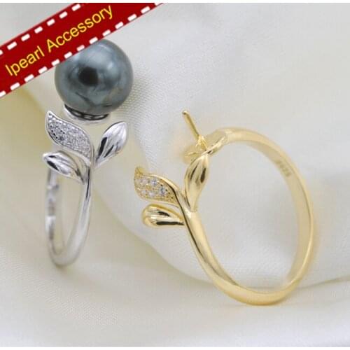 2017 New Elegant Leaves Design Rings Fittings S925 Sterling Silver Leave Rings Accessory Gold/Silver Colors Pearl Rings Acc