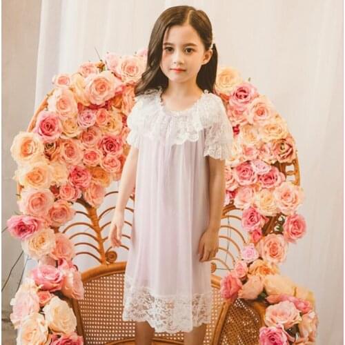 Girls Palace Style Sweet Sleep Dress Children Lace Patchwork Short-sleeve Night Dress Summer New Nightgowns Kids Home Clothes