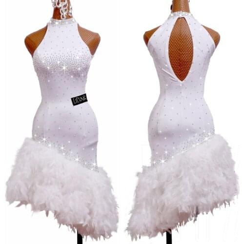 New Latin Dance Competition Dress Women Cha Cha Salsa Dance Dress White Feather Sleeveless Dance Costume Rhinestone Dress BL6891