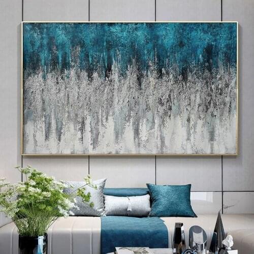 Luxury Abstract Blue Sliver Ocean Paintings Art Canvas Posters and Prints Modern Wall Decor Pictures for Living Room Home Decor