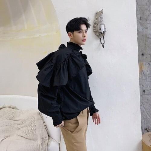 Men Black Long Sleeve Casual Shirt Two Wear Lotus Leaf Shoulder Loose Streetwear Hip Hop Punk Gothic Party Stage Dress Shirts