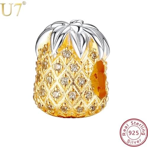 U7 925 Sterling Silver Lovely Yellow Pineapple Pattern Bead fit Women Charm Necklace Bracelet DIY Jewelry Accessories Gift SC244