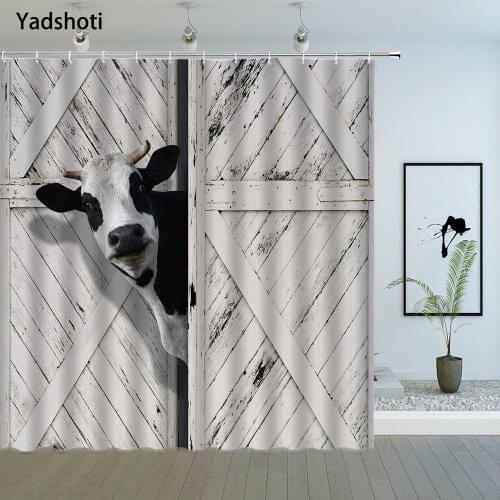 Farm Animal Shower Curtains Funny Cow Farmhouse Wooden Door Cattle Pattern Bathroom Decor Polyester Cloth Hanging Curtain Set