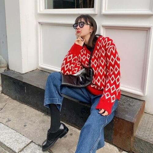 Christmas Red Sweater Women Short Winter Pullover V-neck Diamond Retro Knitted Inner Base Shirt Tracksuit Neutral Minimalism