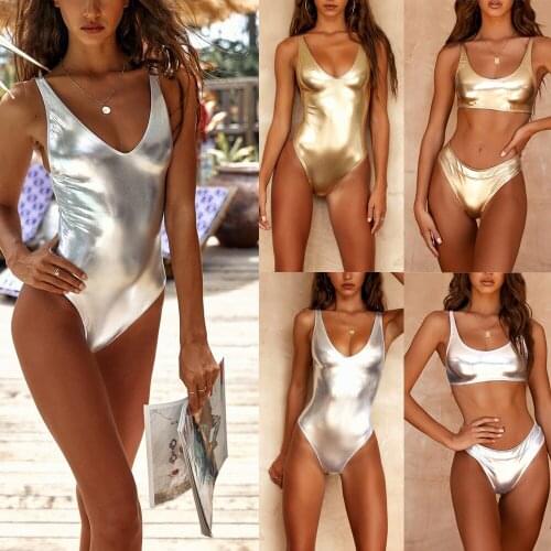 New hot gold bright womens swimsuit sexy bandage push up Monokini swimwear fashion beachwear