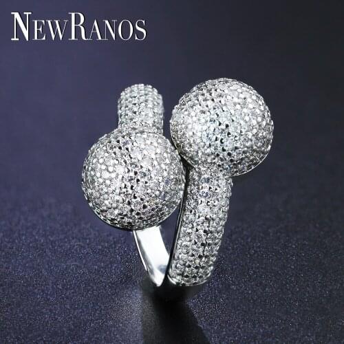 Newranos Double Ball Finger Rings Silver Color Cubic Zirconias Punk Rings for Women Fashion Party Jewelry R012GY1322