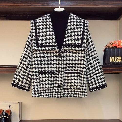 Large size womens woolen coat womens autumn and winter Korean loose houndstooth plaid coat Clothes for Women