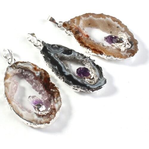 100-Unique 1 Pcs Silver Plated Irregular Shape Geode Agates With Purple Amethysts Quartz Pendant Fashion Jewelry
