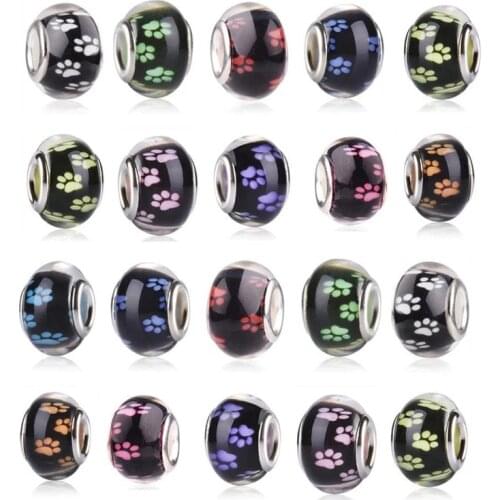 20Pcs Large Hole Puppy Pet Dog Paws Resin Murano Round Rondelle European Spacer Beads Fit Pandora Bracelet Women Crafts Jewelry