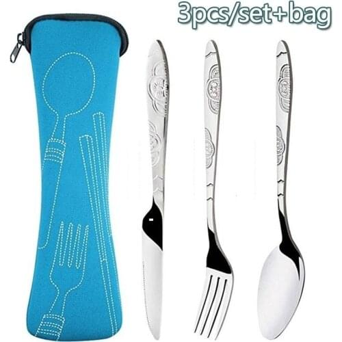 3pcs/Set Dinnerware Portable Printed Stainless Steel Spoon Fork Steak Knife Set Travel Cutlery Tableware with Bag