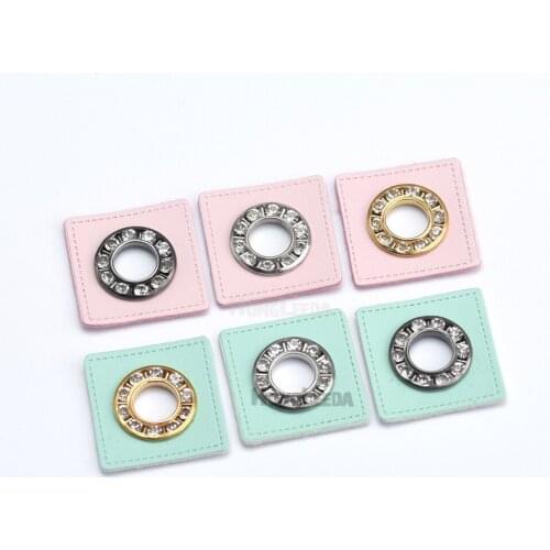 30pcs/lot 27mm square Mint/Pink PU leather sew on Badges patch + 17mm metal brass glass rhinestone grommets eyelets 9mm hole
