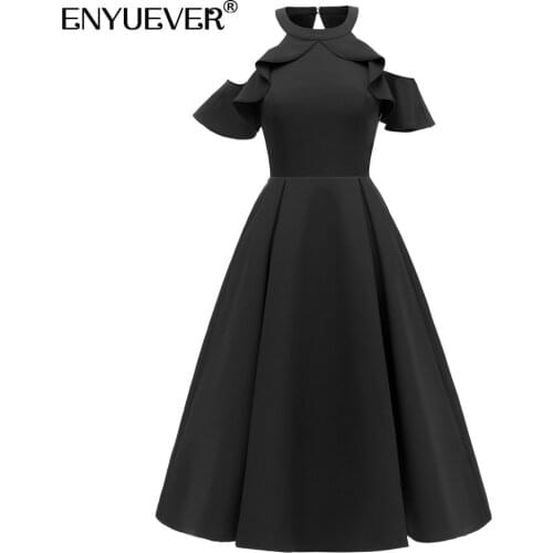 Enyuever Elegant Black Vintage Dress Women Clothing Cold Shoulder Ruffle Sleeve Robe Pin Up Vestidos Evening Party Retro Dress