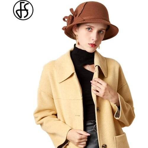 FS Brown Black Wool Wedding Hats For Women Elegant Cloche Cap Felt Bowler Hat Sombrero Mujer Vintage Wide Brim Fedora 2020