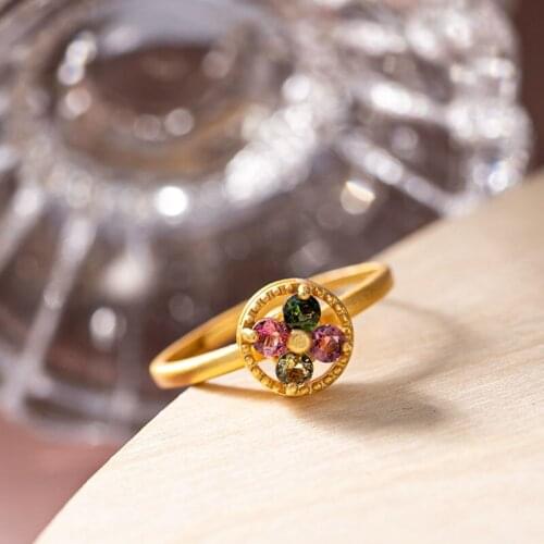 Natural Hetian Jade Colorful Ring S925 Sterling Silver Tourmaline Retro Personalized Flower Ladies Opening Ring Ring