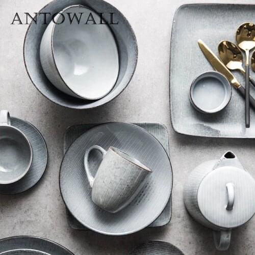 ANTOWALL Vintage Striped Ceramic Tableware Plate Bowl Personality Line Home-used Soup Rice Bowl Dish Plate Mug