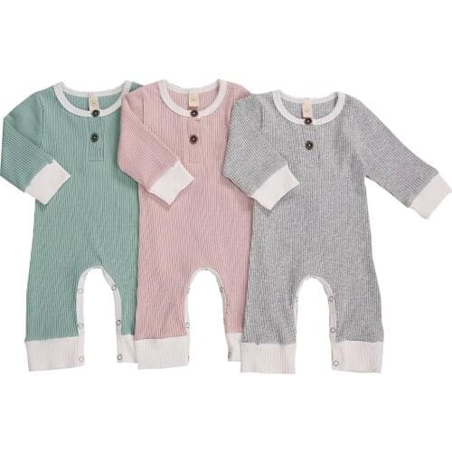 0-18M Spring Autumn Toddler Newborn Baby Girl Boy Outfit Ribbed Solid Jumpsuits Round-Neck Long-Sleeves Rompers