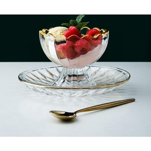 Creative golden flower glass ice cream cup dessert smoothie milk shake drink cup fruit salad dessert plate spoon set tableware