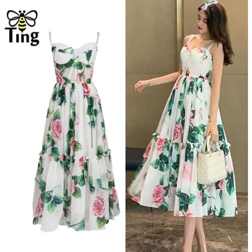 Tingfly Summer High Quality Luxury Rose Floral Print A Line Party Night Dresses Summer Strap Padding Midi Fairy Elbise Urban Tra