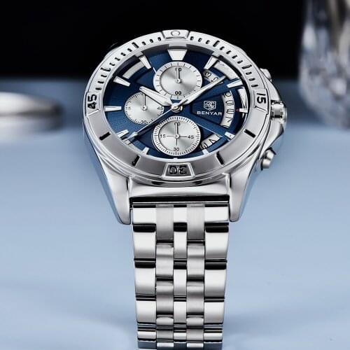 BENYAR Luxury Stainless Steel Men Quartz Wristwatches Waterproof 30M Sports Chronograph Jubilee Bracelet Men Watch Reloj Hombre