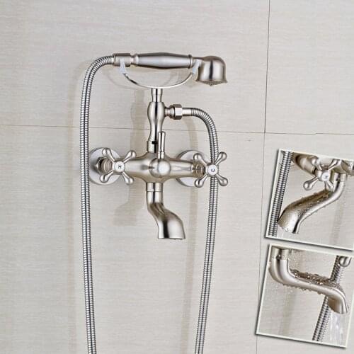 Nickel Brushed Dual Handle Bathtub Sink Mixer Faucet Wall Mounted Bath Tub Faucet with Handshower
