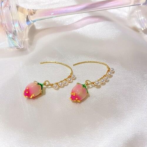 2021 New Trendy Sweet Pink Peach Drop Earrings for Women Pearls Circle Geometric Earrings Wedding Jewelry Korean Fashion