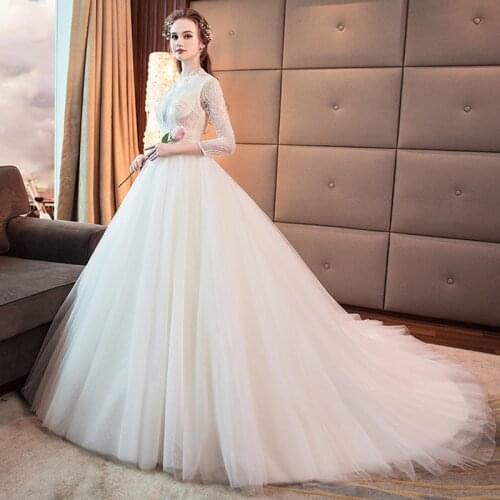 Luxury Pearls See Though Long Royal Train Dubai Wedding Dress 2021 Three Quarter Sleeves Puffy Ivory Ball Gowns свадебное платье
