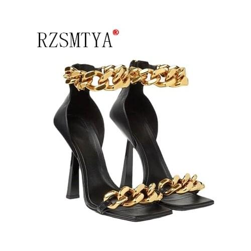 Black Square Toe Sandals Women Unique Thin High Heels Back Zip Open Toes Metal Chains Decor Runway Sandalias Big Plus Szie 43