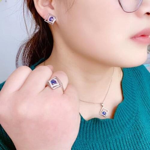 Anniversary Best Gift Natural Sapphire jewelry set Natural Real Sapphire 925 sterling silver 1pc pendant,1pc ring,2pcs Earring