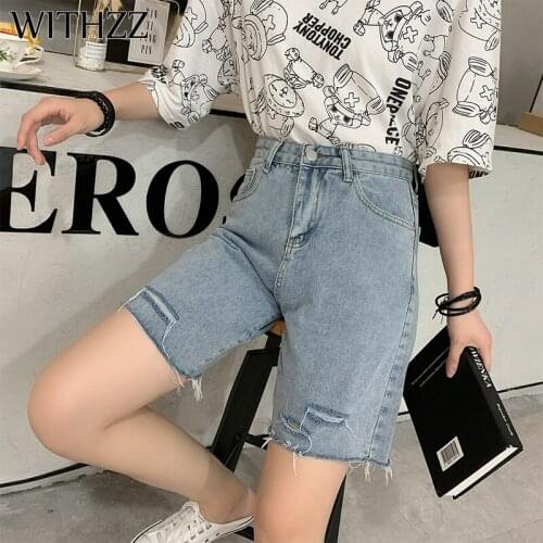 WITHZZ Summer Womens Thin Denim High Waist Loose Straight Half Length Shorts Wide Leg Jeans