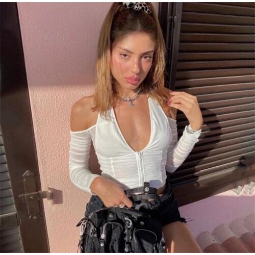 Womens T-shirts Fashion Street Clothes Zipper Front Crop Tops Sexy Ladies Patchwork Mesh Long Sleeve Deep V Neck Backless Tops