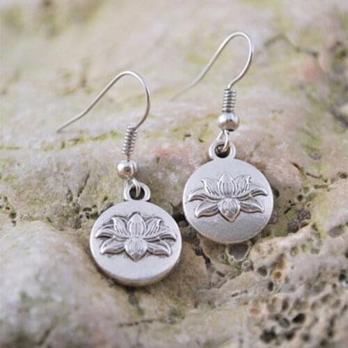 Antique Silver Color Lotus Flower Shaped Pendant earrings For Women Yoga Prayer Buddhism Jewelry