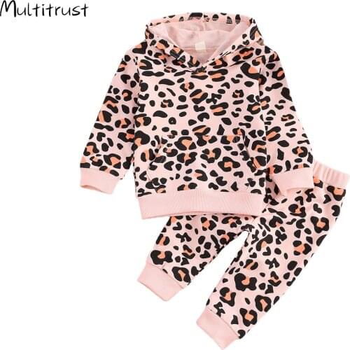 2Pcs Baby Autumn Outfits 2020 Leopard Print Long-Sleeves Hoodie + Elastic-Waist Pants for Toddlers Girls Clothes 0-24 Months