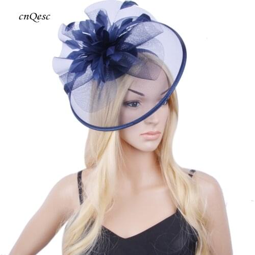 Big navy blue crin fasinator sinamay hat with feathers for Kentucky derby Wedding Races