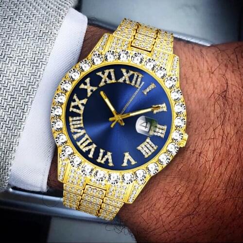 MISSFOX Luxury Waterproof Watches for Men Full Diamond Bracelet Blue Dial Calendar Diving Quartz Watch Wholesale New Arrive 2021