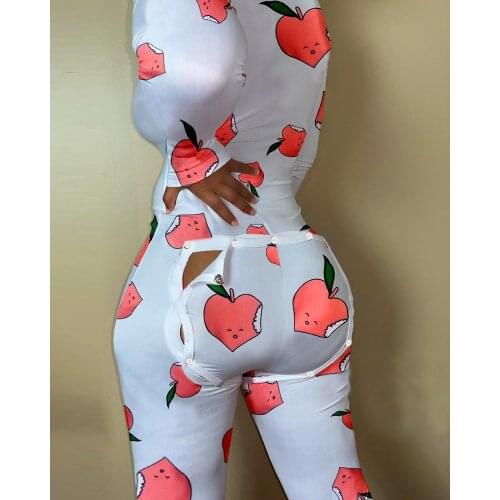 HIRIGIN 2021 New V-neck Buttons Up Sexy Romper Women Long Sleeve Jumpsuits Autumn Fruits Print Sleepwear Back Flap Sleepwear