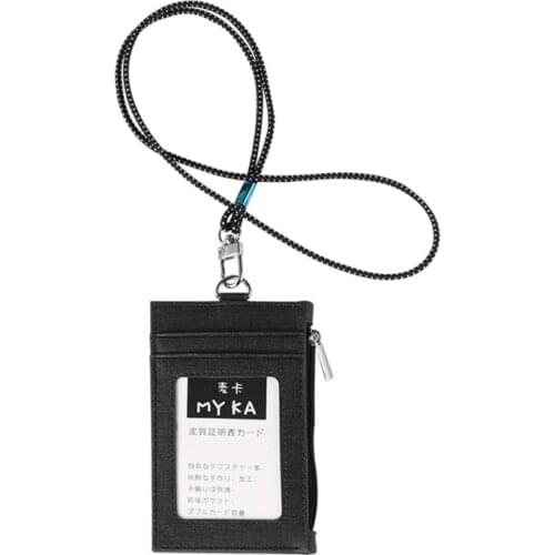 M68C Men Women Business Card Holder Wallet with Cotton Linen Lanyard Neck Strap Faux Leather ID Badge Case Zipper Wallet Pocket