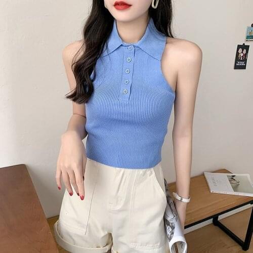 Summer crop top women white tank top cute kawaii halter top sexy crop top shirt button up top collared vest top sleeveless