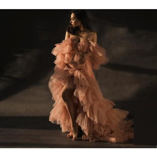 Sweet Heart Collar Maternity Tulle Robe Long Length Off The Shoulder Sheer Tulle Maternity Dress See Through Blush Pink Gown